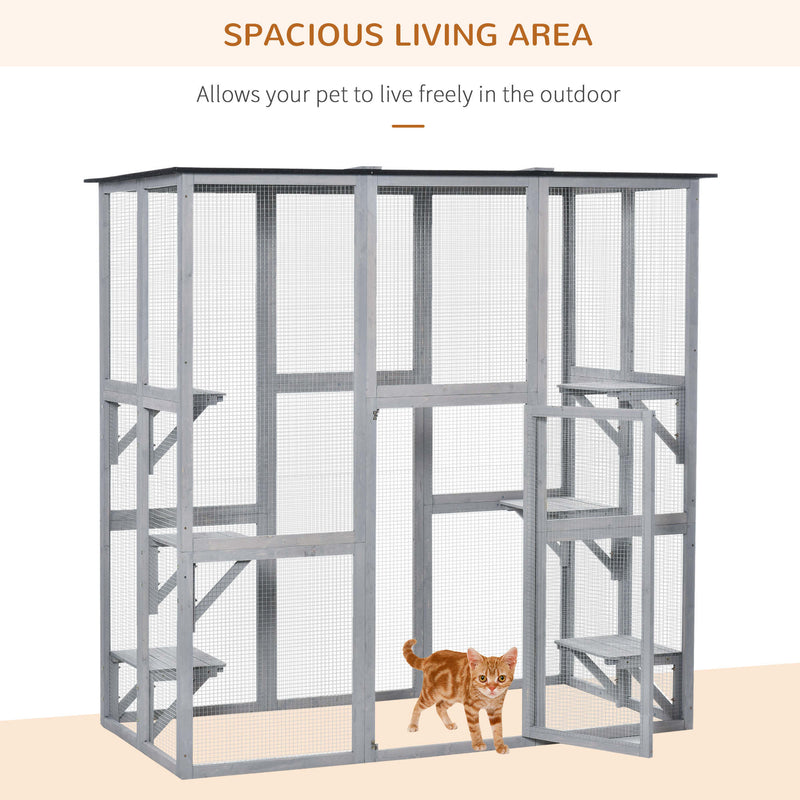 Large Catio Enclosure Shelter Cage w/ Weather Protection, 6 Cat Platforms