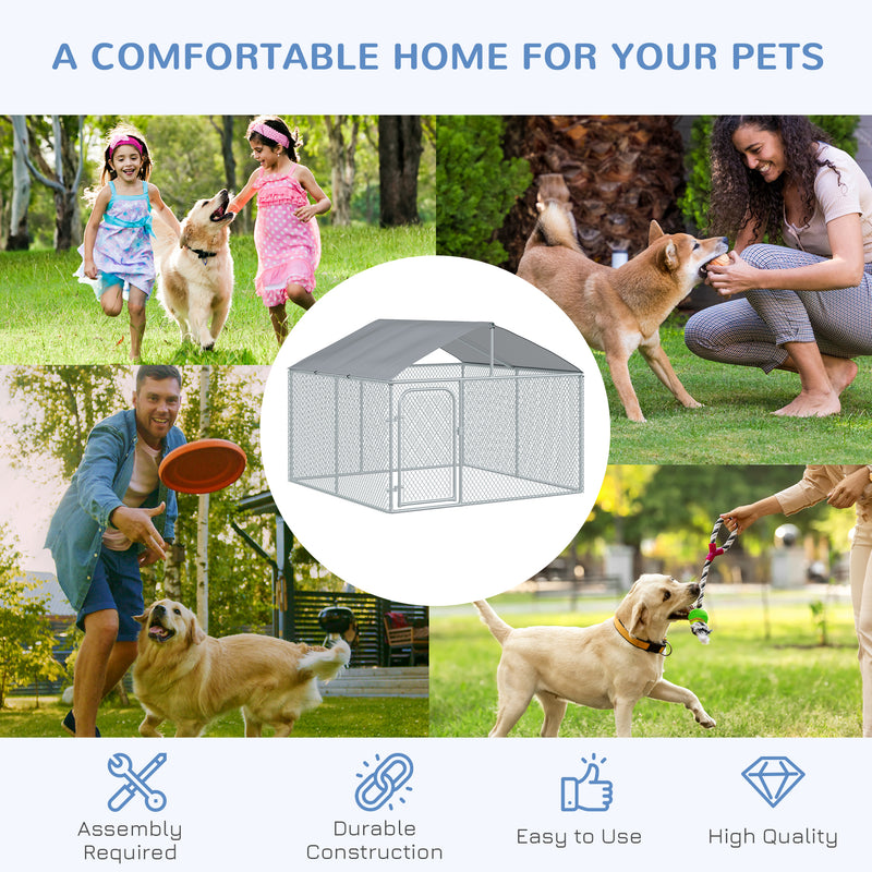 PawHut Dog Kennel Galvanized Steel Fence with Cover Outdoor
