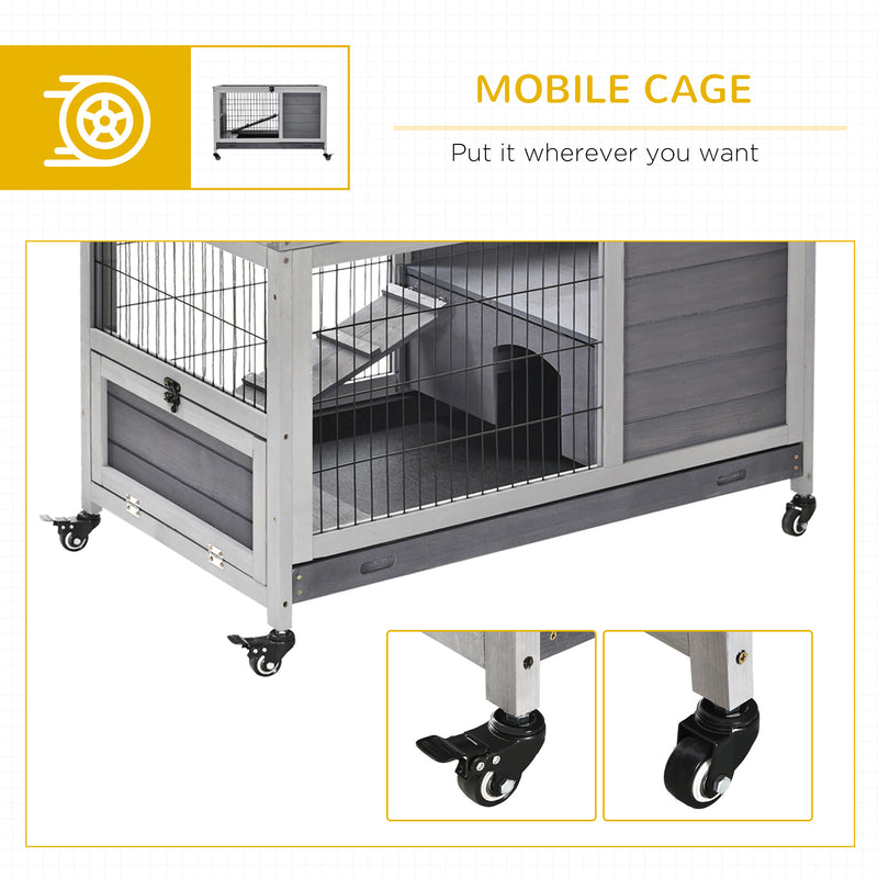 Indoor Rabbit Hutch on Wheels 35.5&quot; Bunny Cage w/ Pull Out Tray Ramp