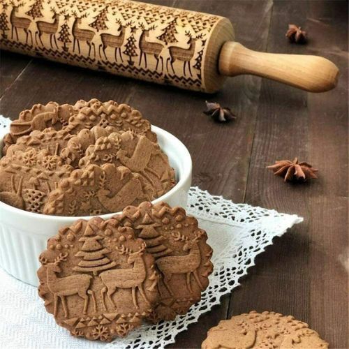 Christmas Elk Print Rolling Pin Engraved Wood Embossing Embossed XMAS Cake Wood