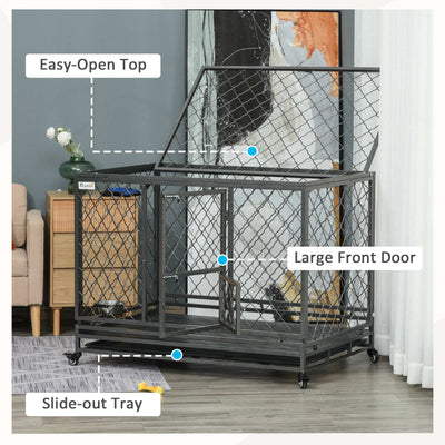 Steel Dog Kennel Collapsible with Easy-Open Top Hatch and Slide Out Tray, Black