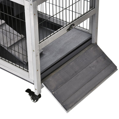 Indoor Rabbit Hutch on Wheels 35.5&quot; Bunny Cage w/ Pull Out Tray Ramp