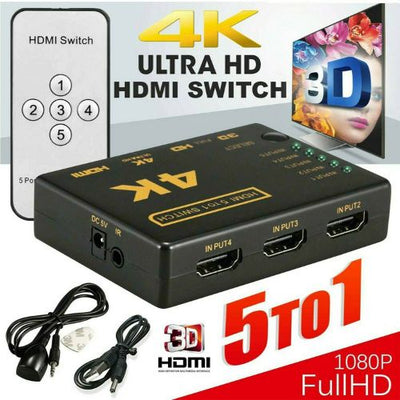 4K HDMI 2.0 Cable Splitter Switch Box Hub 3D IR Remote Control 5X1 Power 5 to 1