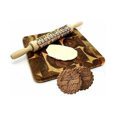 Christmas Elk Print Rolling Pin Engraved Wood Embossing Embossed XMAS Cake Wood