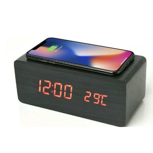 Alarm Clock With Wireless Charging Wooden Digital Bedroom Wood Electric LED CA