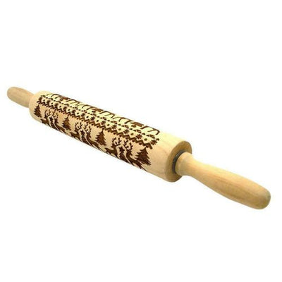 Christmas Elk Print Rolling Pin Engraved Wood Embossing Embossed XMAS Cake Wood