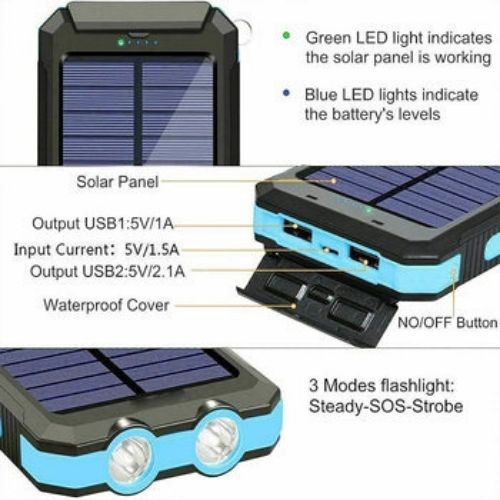 Solar Power Bank 20000mAh Charger External Battery Waterproof for mobile phones