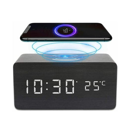 Alarm Clock With Wireless Charging Wooden Digital Bedroom Wood Electric LED CA