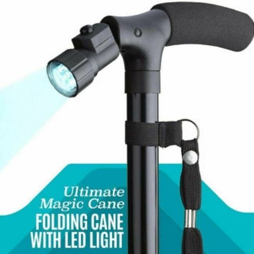 Walking Stick Cane Folding With Light LED Strap Handle Black Metal Adjustable CA