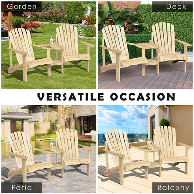 Outdoor Wood Adirondack Chair Reclined Bench w/ Coner Table & Umbrella Hole