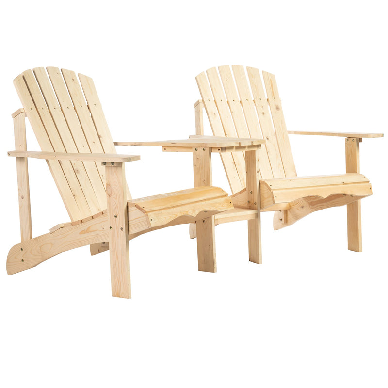 Outdoor Wood Adirondack Chair Reclined Bench w/ Coner Table & Umbrella Hole