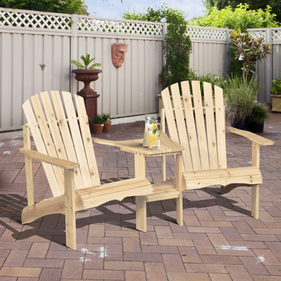 Outdoor Wood Adirondack Chair Reclined Bench w/ Coner Table & Umbrella Hole