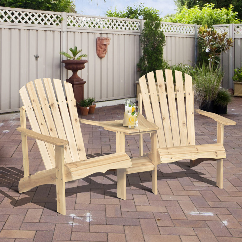 Outdoor Wood Adirondack Chair Reclined Bench w/ Coner Table & Umbrella Hole