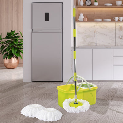 Split Bucket 360 Rotating Spinning Spin Mop 2 Mop Heads Stainless Steel Wheel