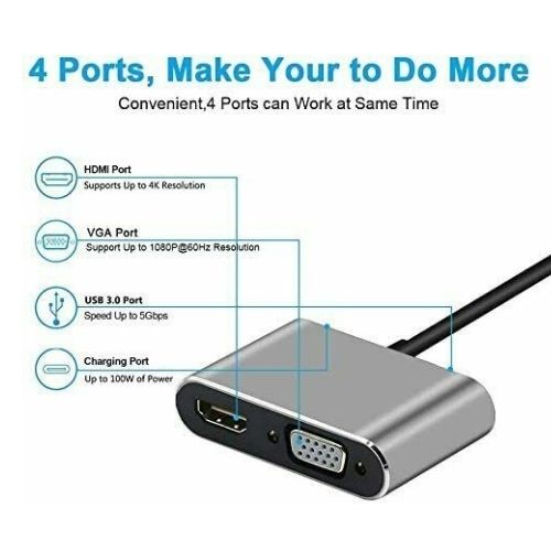 4-in-1 USB C to 4K HDMI VGA Adapter OTG 3.0 HUB PD Charging for MecBook,Pad,Dell