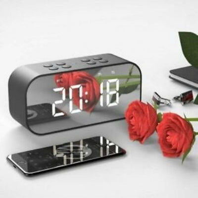 Wireless Bluetooth Speaker Mirror Surface Dual Alarm Clock LED USB TF MP3 Player