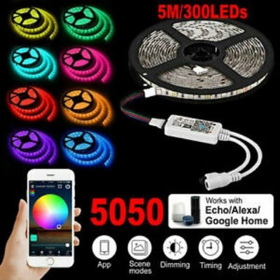 10M Smart Wifi 300 RGB LED Strip Lights 12V Waterproof Alexa Echos Google Home