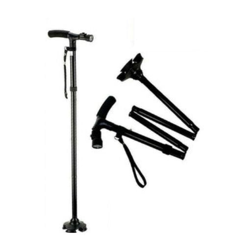 Walking Stick Cane Folding With Light LED Strap Handle Black Metal Adjustable CA