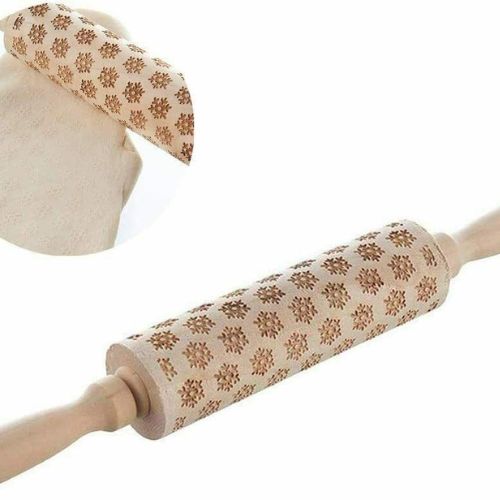 Christmas Elk Print Rolling Pin Engraved Wood Embossing Embossed XMAS Cake Wood