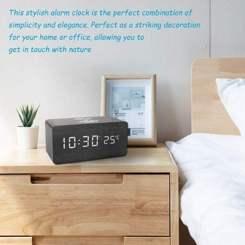 Alarm Clock With Wireless Charging Wooden Digital Bedroom Wood Electric LED CA