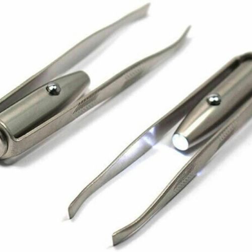 EYEBROW EYELASH TWEEZERS Built-in LED LIGHT Hair Removal Makeup Tool Slanted Tip