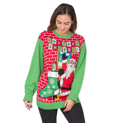 Women's Holiday Cheers! Santa with Beer Holder Stocking Ugly Christmas Sweater