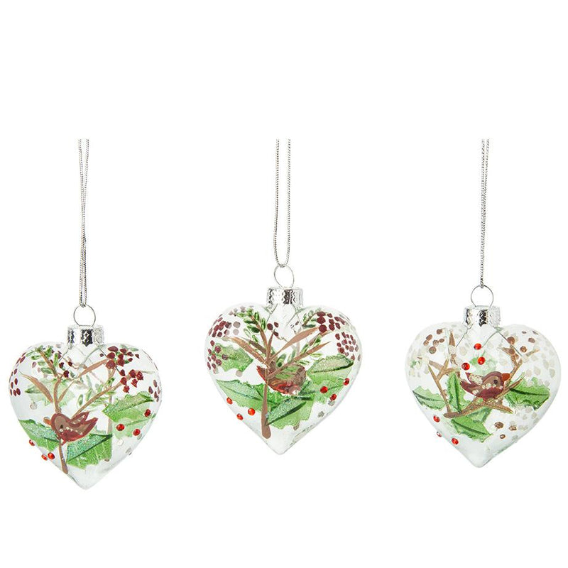 Heart Shaped Glass Ornaments with Birds