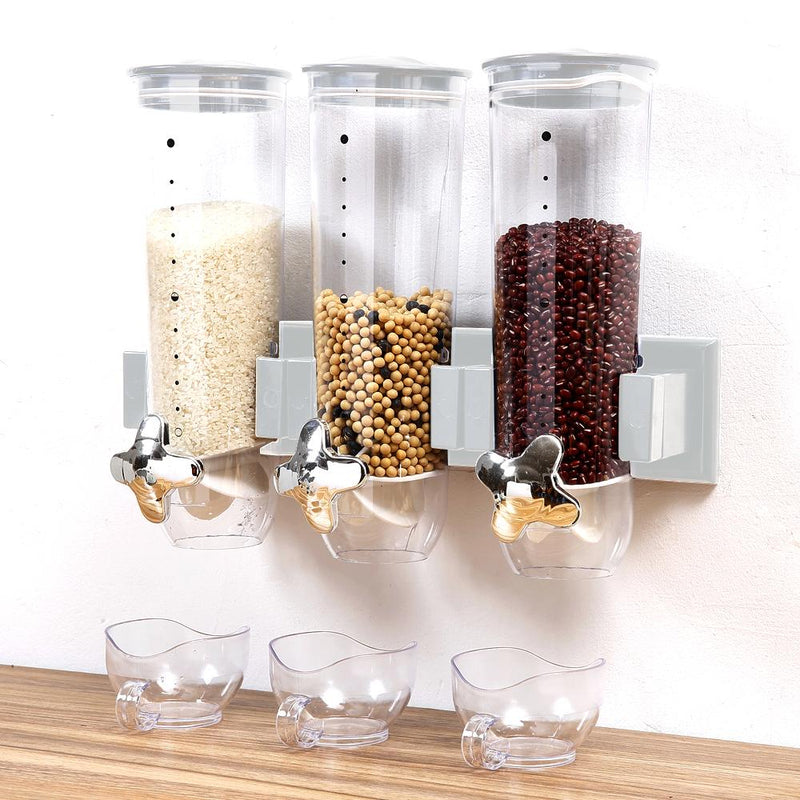 Wall Mounted Triple Cereal Dispenser Dry Food Storage Container Dispense Machine