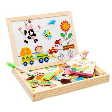 Happy Farm Wooden Jigsaw Puzzles Educational Learning Magnetic Double Sided Easel Drawing Board Games DIY Toys for Kids