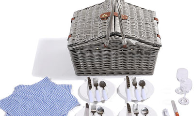 Wicker 4 Person Picnic Basket Folding Handle Outdoor Corporate Gift Blanket Park