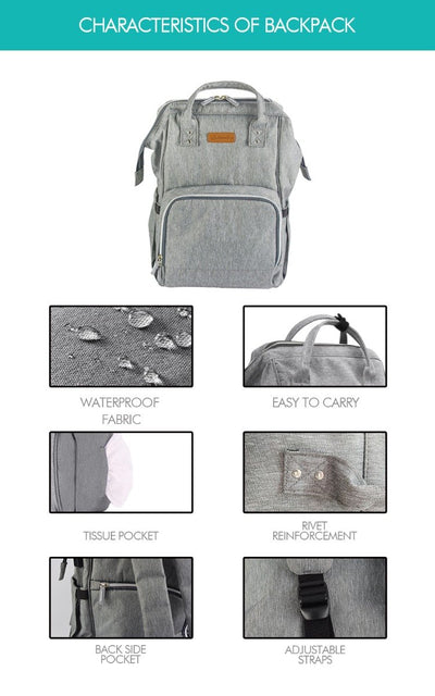 Waterproof Mummy Nappy Diaper Bag Baby Travel Changing Nursing Backpack Grey