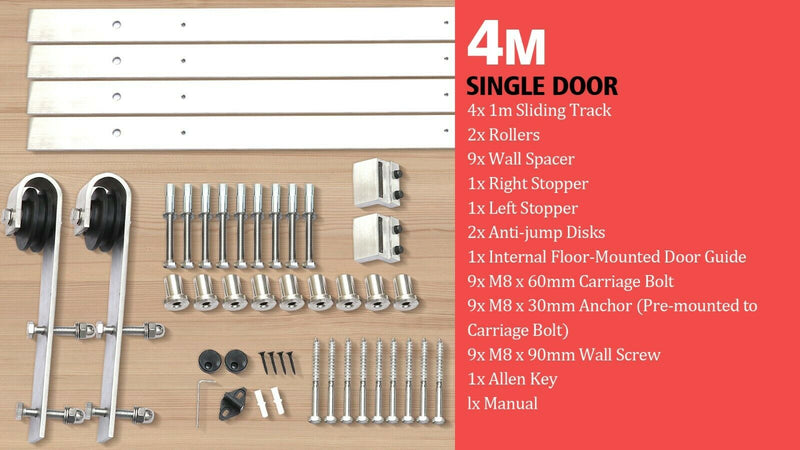 4M Antique Classic Style Single Sliding Barn Door Hardware Track Roller Kit