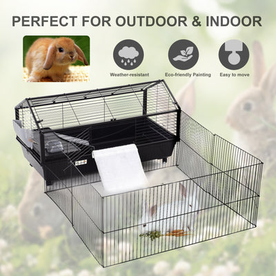 Metal Rabbit Cage Small Animal Shed with Main House Foldable Large Run W/ wheels