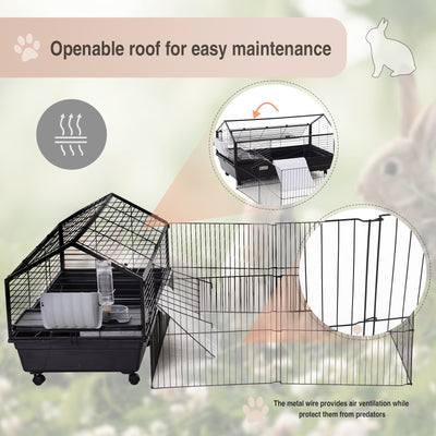 Metal Rabbit Cage Small Animal Shed with Main House Foldable Large Run W/ wheels