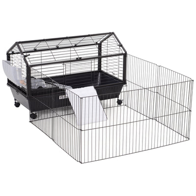 Metal Rabbit Cage Small Animal Shed with Main House Foldable Large Run W/ wheels