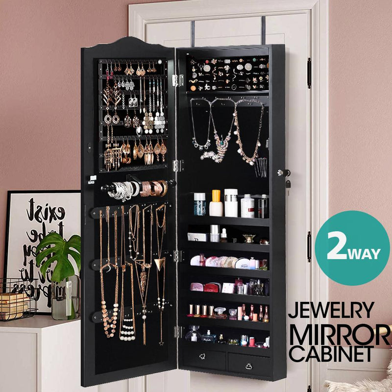 Mirror Jewellery Cabinet Makeup Storage Ear Ring Necklace Box Wall Door Black AU