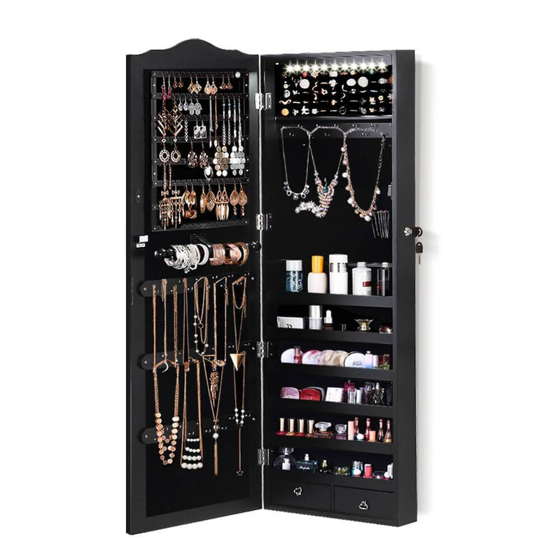 Mirror Jewellery Cabinet Makeup Storage Ear Ring Necklace Box Wall Door Black AU