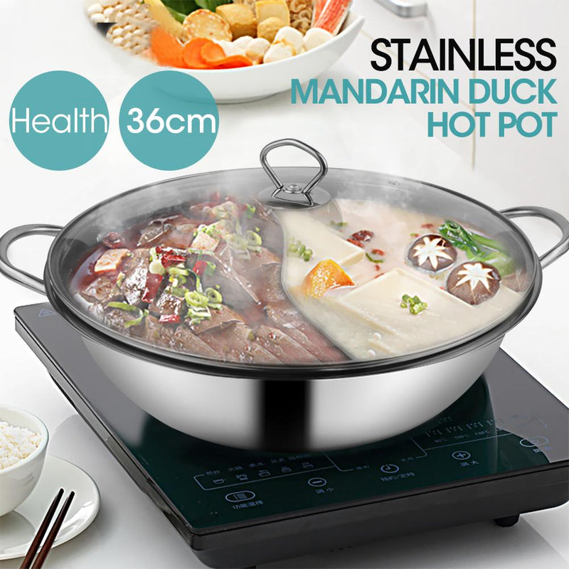 36cm Stainless Steel Twin Mandarin Duck Hot Pot Induction Cookware With Lid