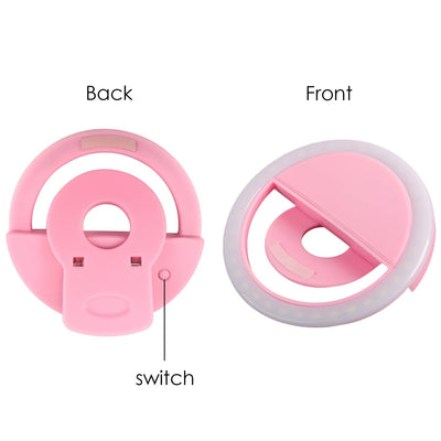 Rechargeable Selfie LED Light Flash Fill Ring Clip Camera Samsung iPhone Pink