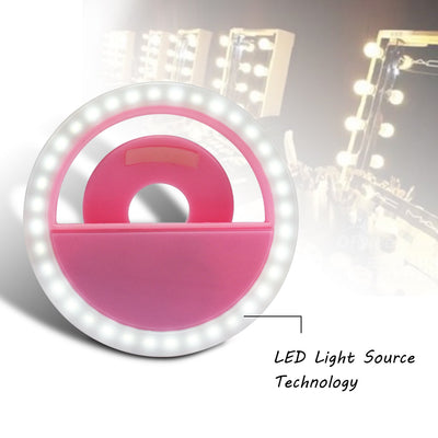 Rechargeable Selfie LED Light Flash Fill Ring Clip Camera Samsung iPhone Pink