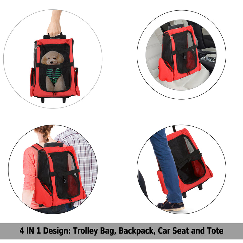 PawHut 4in1 Pet Backpack Carrier Car seat Dog Cat Rolling Luggage Crates