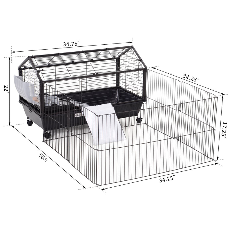 Metal Rabbit Cage Small Animal Shed with Main House Foldable Large Run W/ wheels