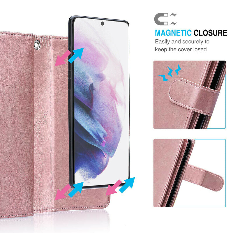 For Galaxy S21/S21 Plus/S21 Ultra Vegan Leather Wallet Case & Screen Protector