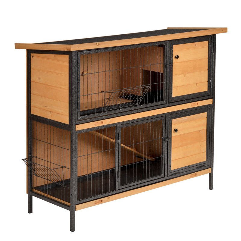 Bunny Cage w/ Slide-Out Tray Run Area Lockable Doors for Small Animals, Fir Wood