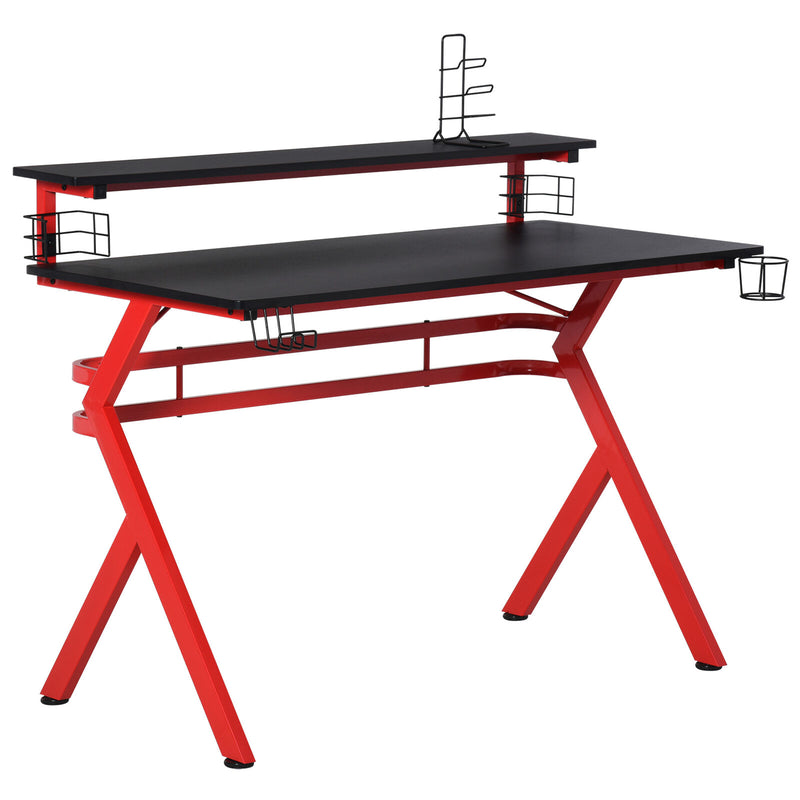 E-Sports X Bar Frame Metal PC Gamer Desk with Elevated Shelf, & Controller Rack