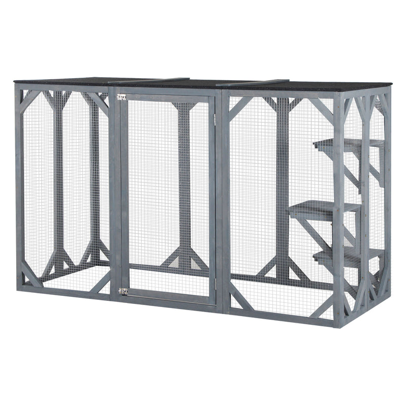 Cat Cage Wooden Pet Enclosure with Waterproof Roof, Platforms, Lock, Grey 842525170734