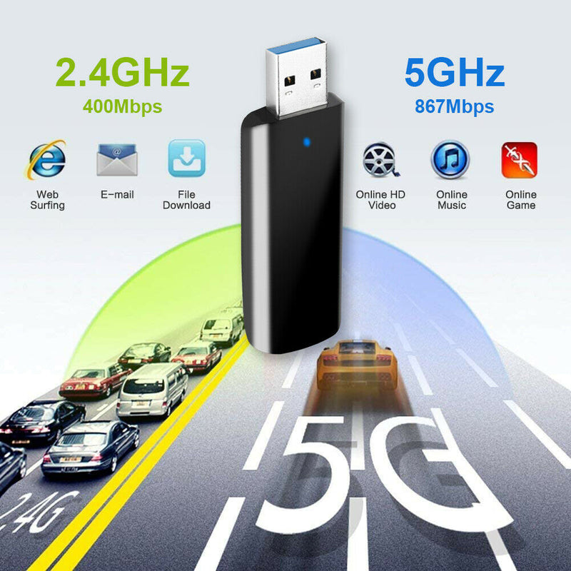 Wireless USB 3.0 WiFi Adapter AC1300Mbps High Speed 802.11ac 2.4GHz/5GHz for PC