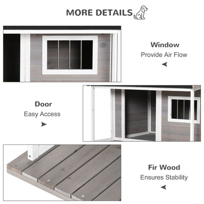 Outdoor Wooden Raised Cabin Dog House w/ Porch, Medium/Large, 53 Lbs., Grey