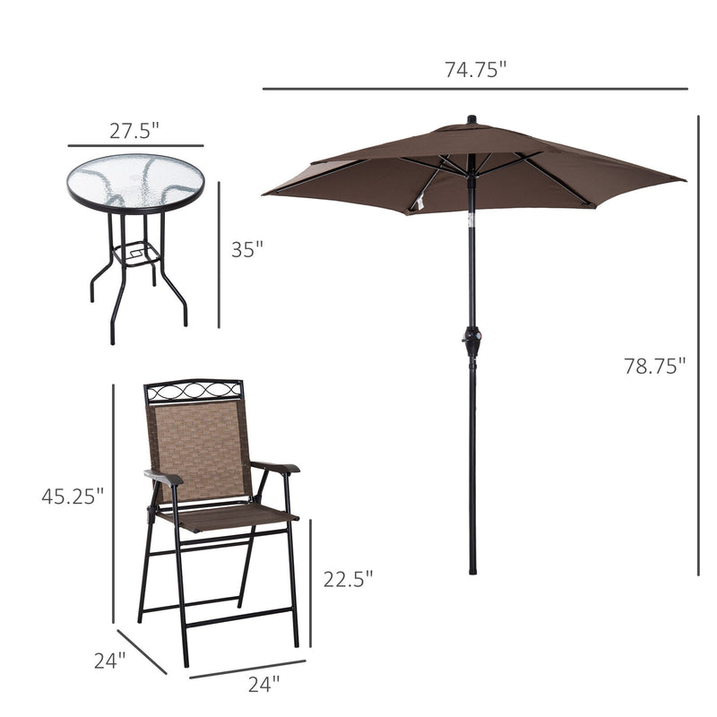 4pc Outdoor Patio Dining Set Furniture, 2 Folding Chairs, Table, Umbrella, Brown