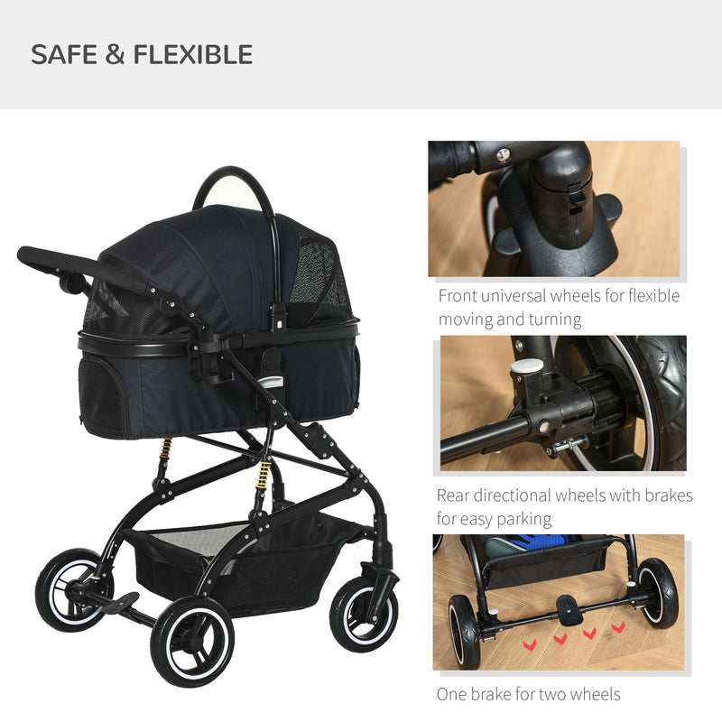 PawHut Pet Stroller Foldable Dog Travel Carriage 2-In-1 Design Carry Bag Black